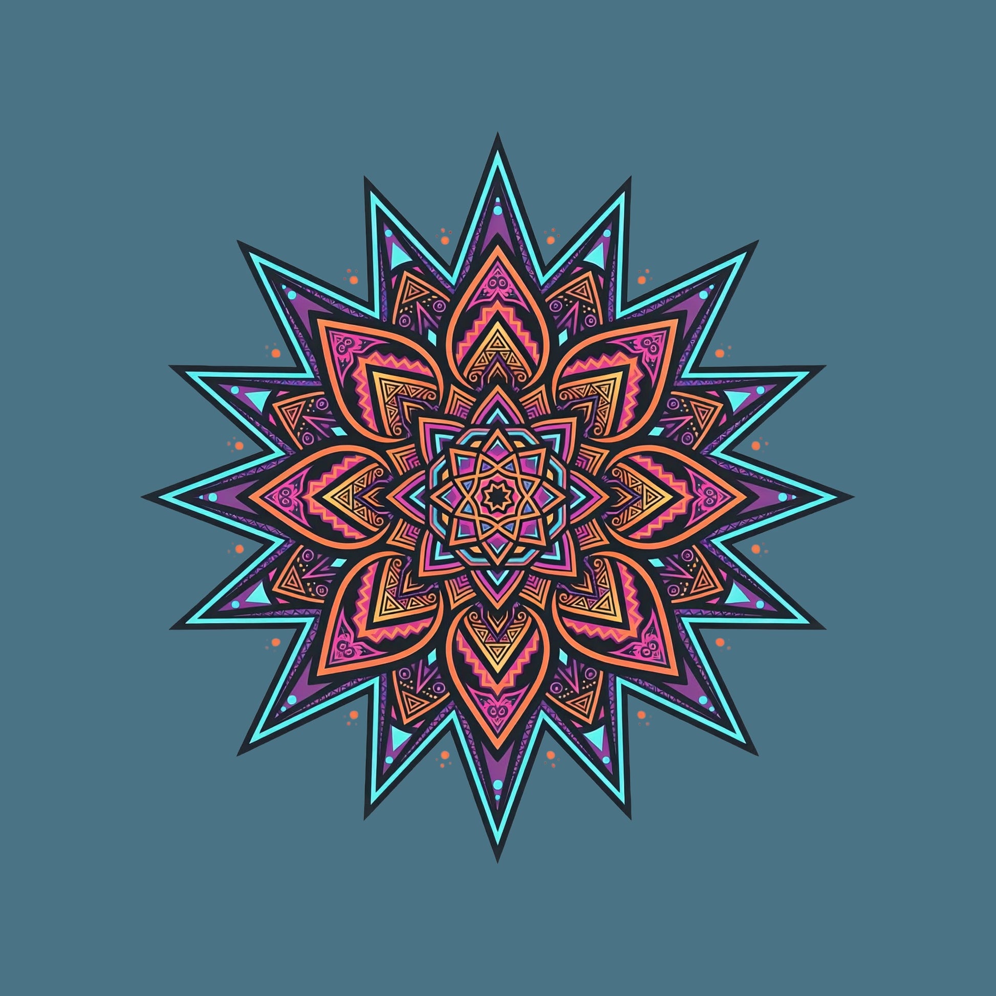 Close-up of the Neon Mandala Star design on a Heather Deep Teal tee
