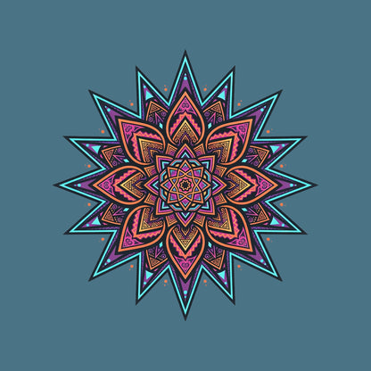 Close-up of the Neon Mandala Star design on a Heather Deep Teal tee