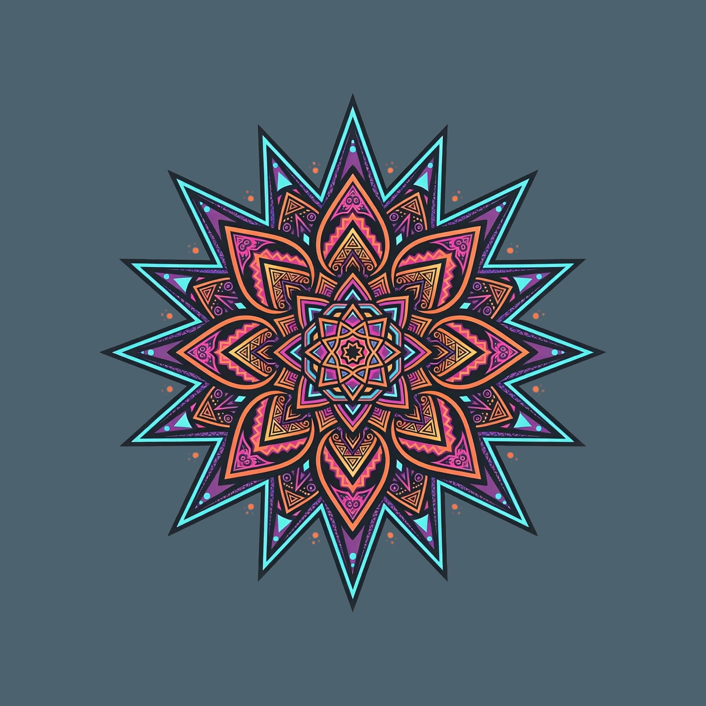 Close-up of the Neon Burst Mandala design on a Heather Slate tee