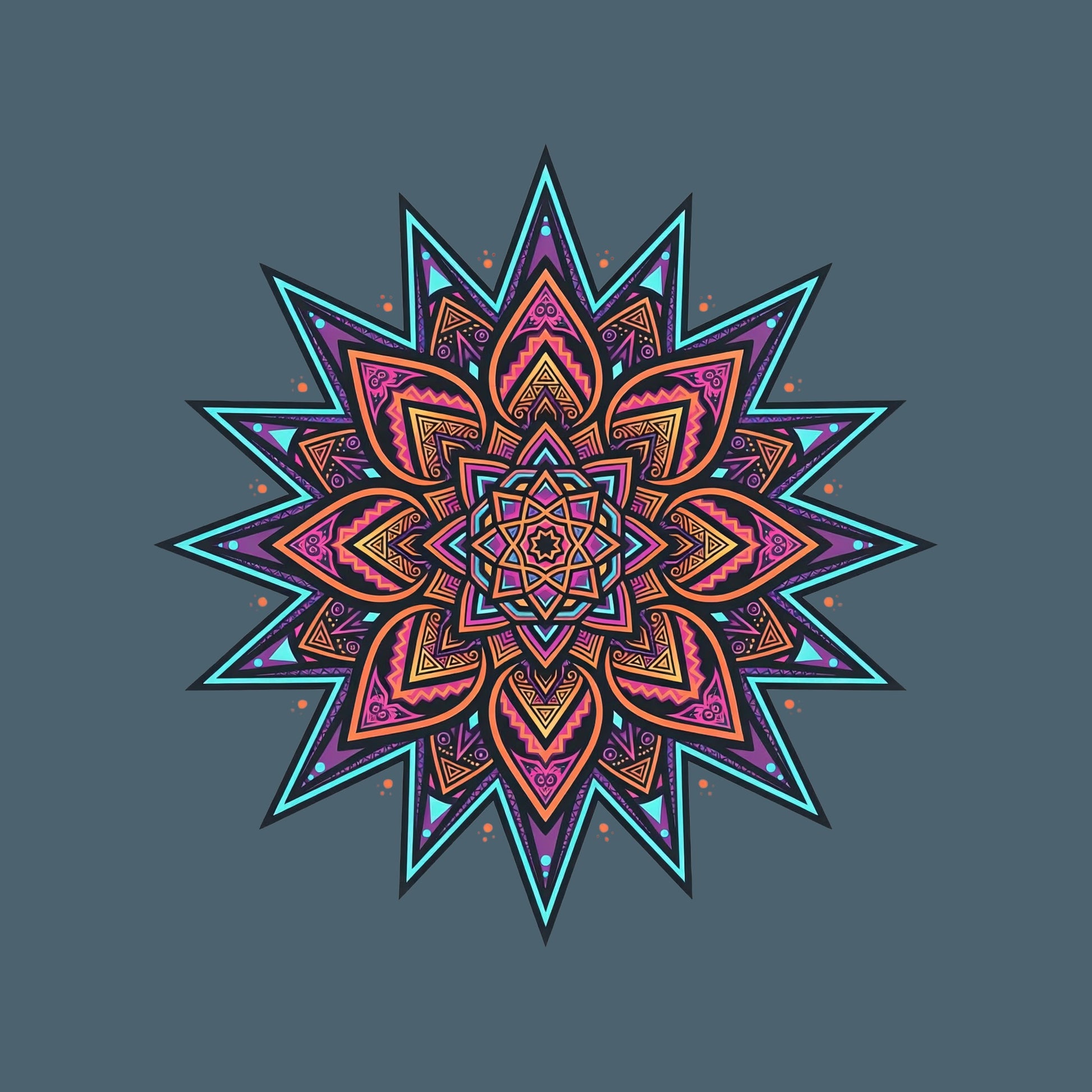 Close-up of the Neon Burst Mandala design on a Heather Slate tee