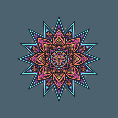 Close-up of the Neon Burst Mandala design on a Heather Slate tee