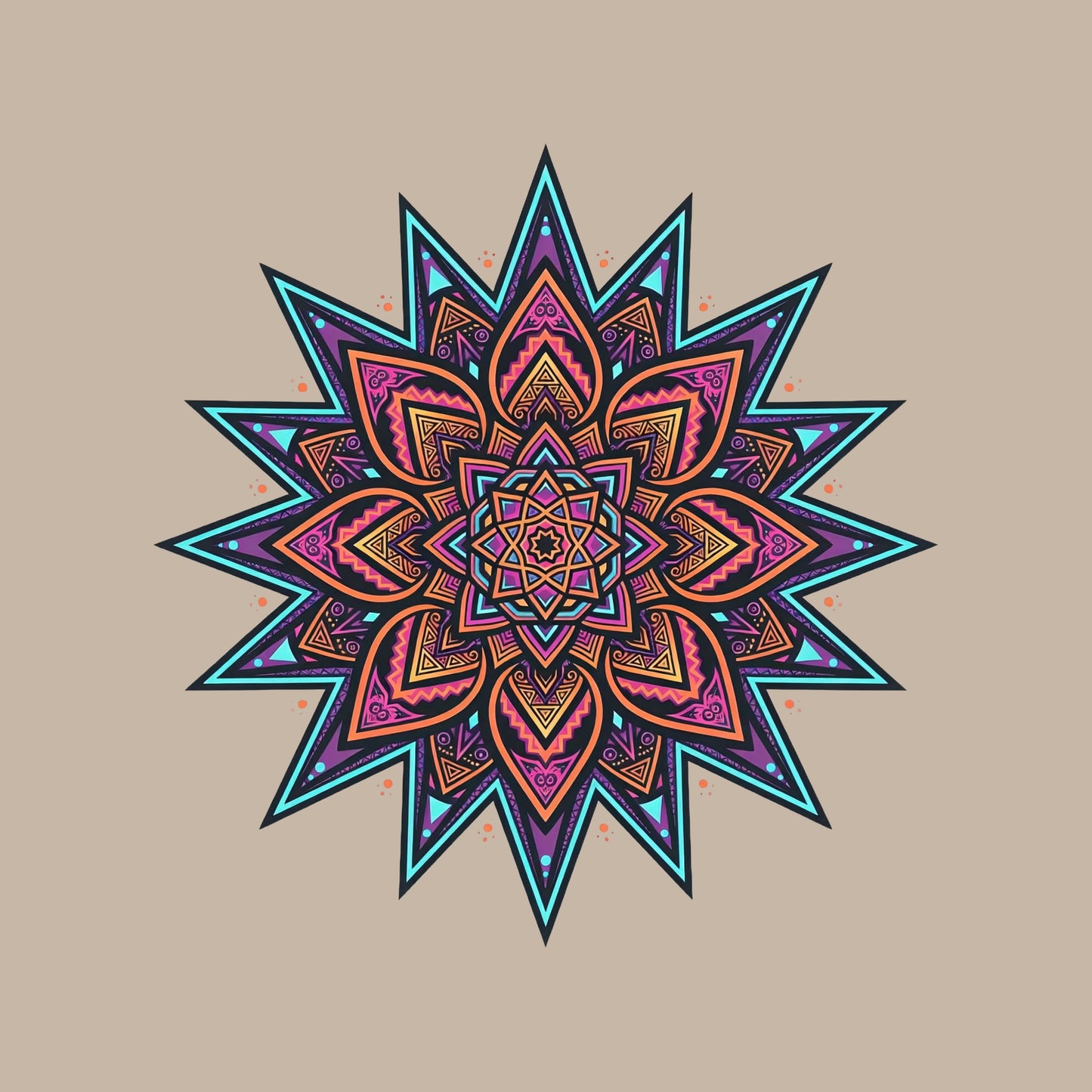 Close-up of the Neon Mandala Star design on a Heather Stone tee