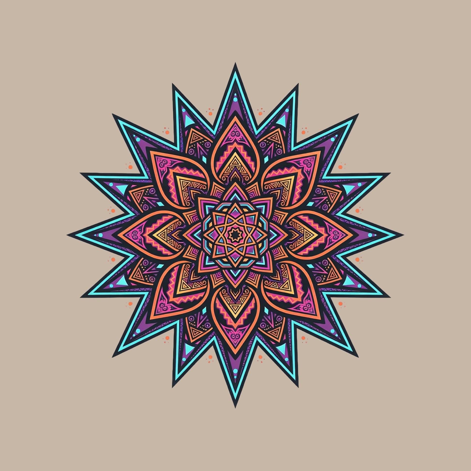 Close-up of the Neon Mandala Star design on a Heather Stone tee