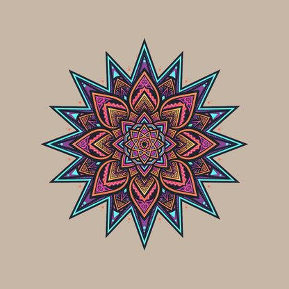 Close-up of the Neon Mandala Star design on a Heather Stone tee