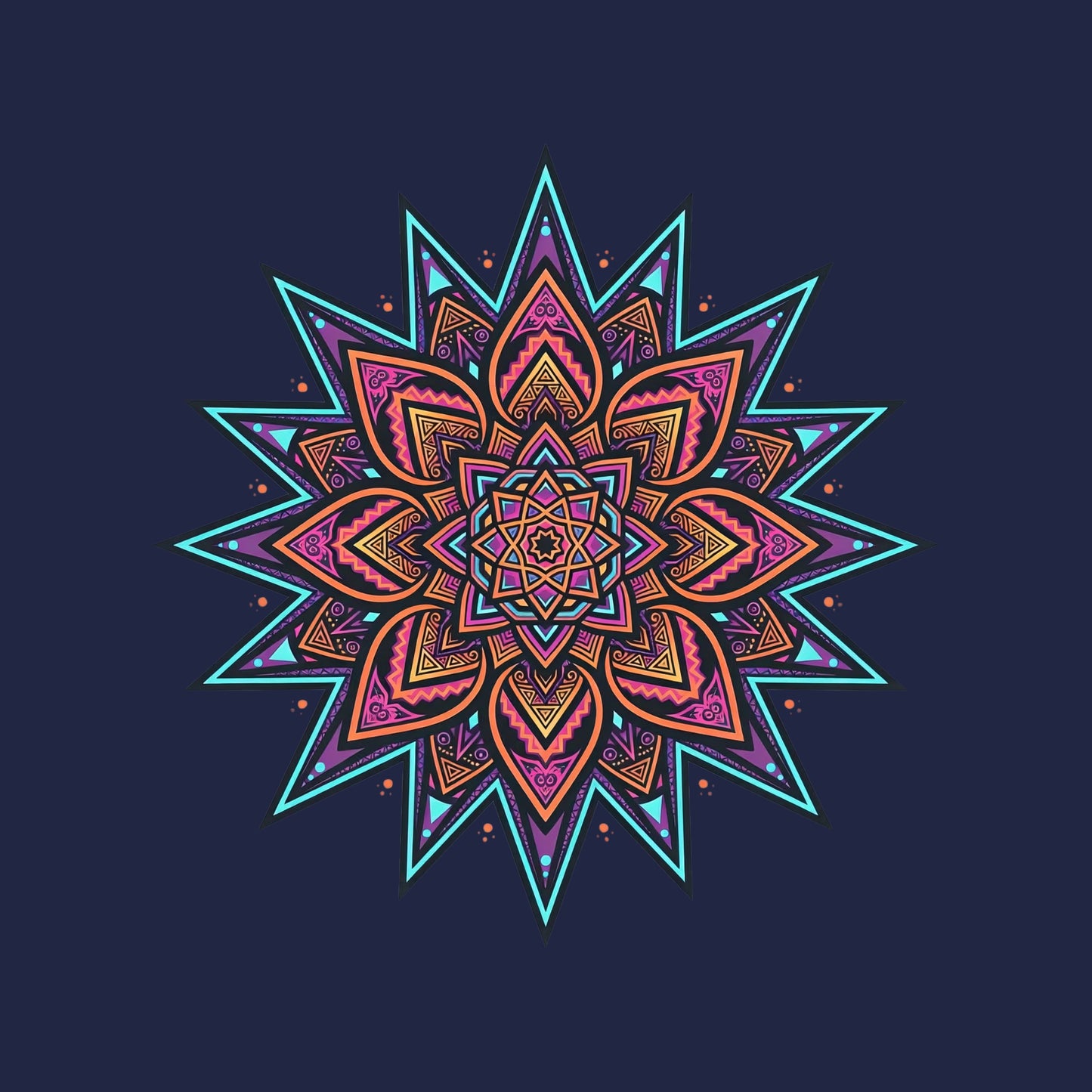 Close-up of the Neon Burst Mandala design on a Navy tee