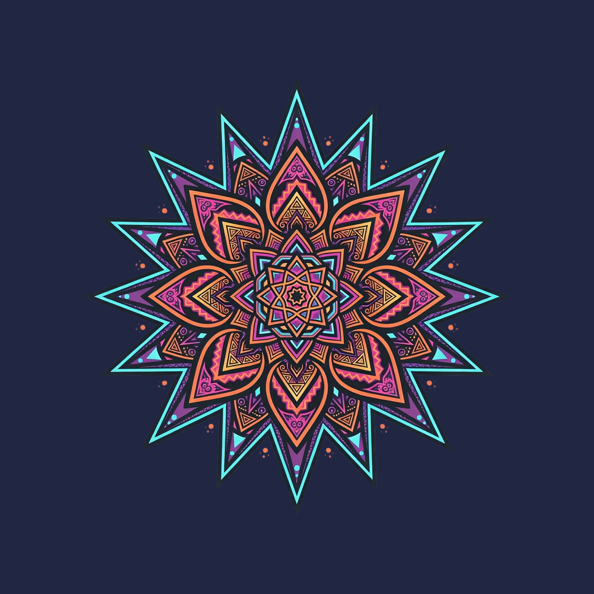 Close-up of the Neon Burst Mandala design on a Navy tee