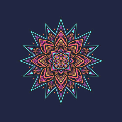 Close-up of the Neon Burst Mandala design on a Navy tee