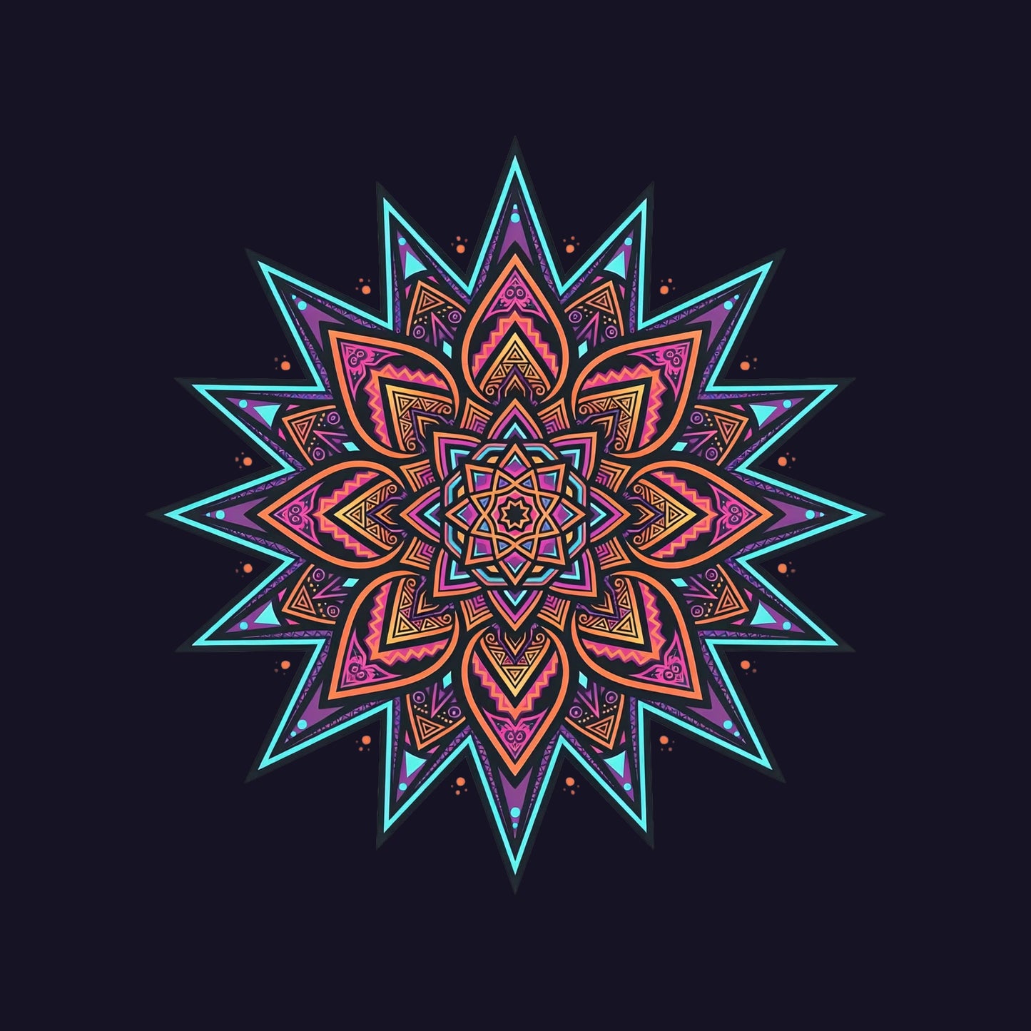Close-up of the Neon Mandala Star design on a Navy tee