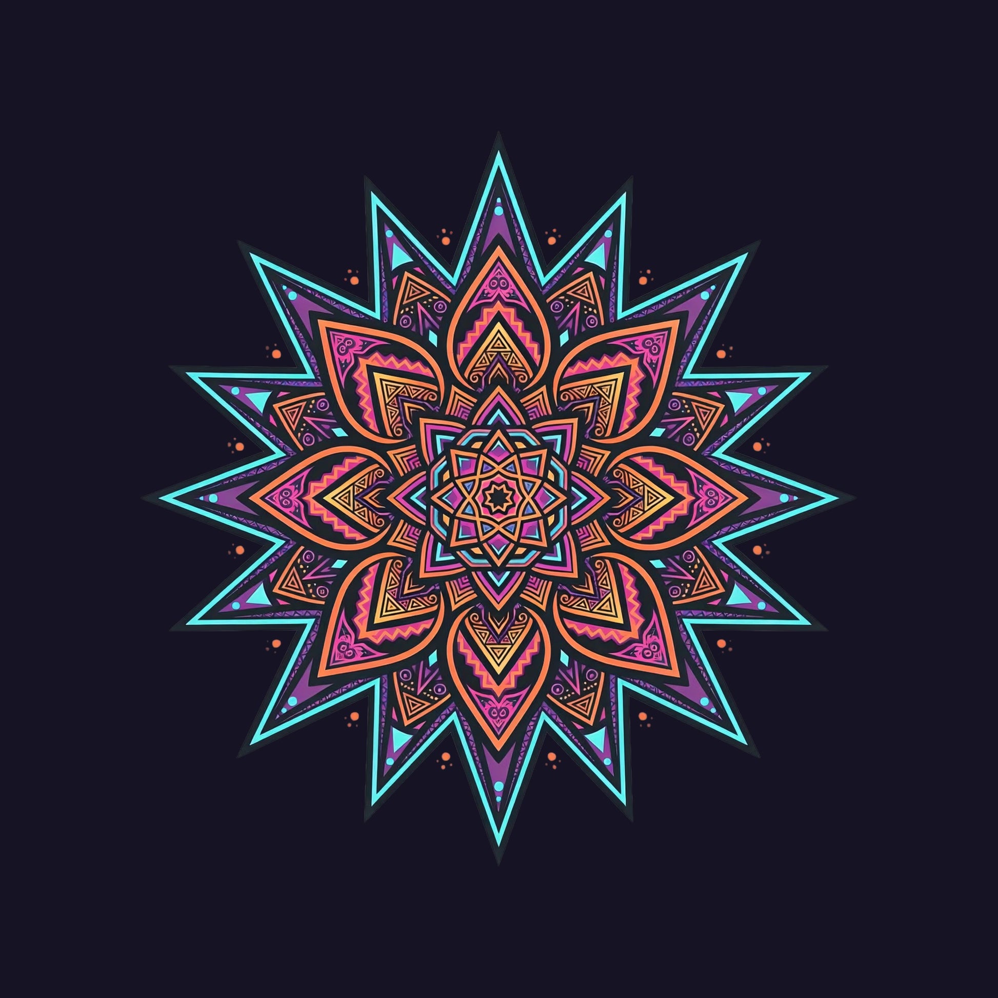 Close-up of the Neon Mandala Star design on a Navy tee