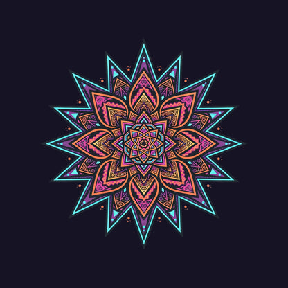 Close-up of the Neon Mandala Star design on a Navy tee