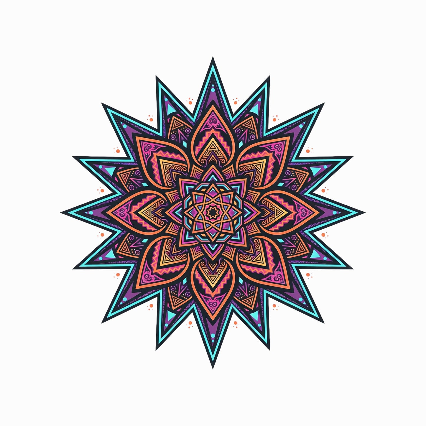 Close-up of the Neon Burst Mandala design on a Solid White Blend tee