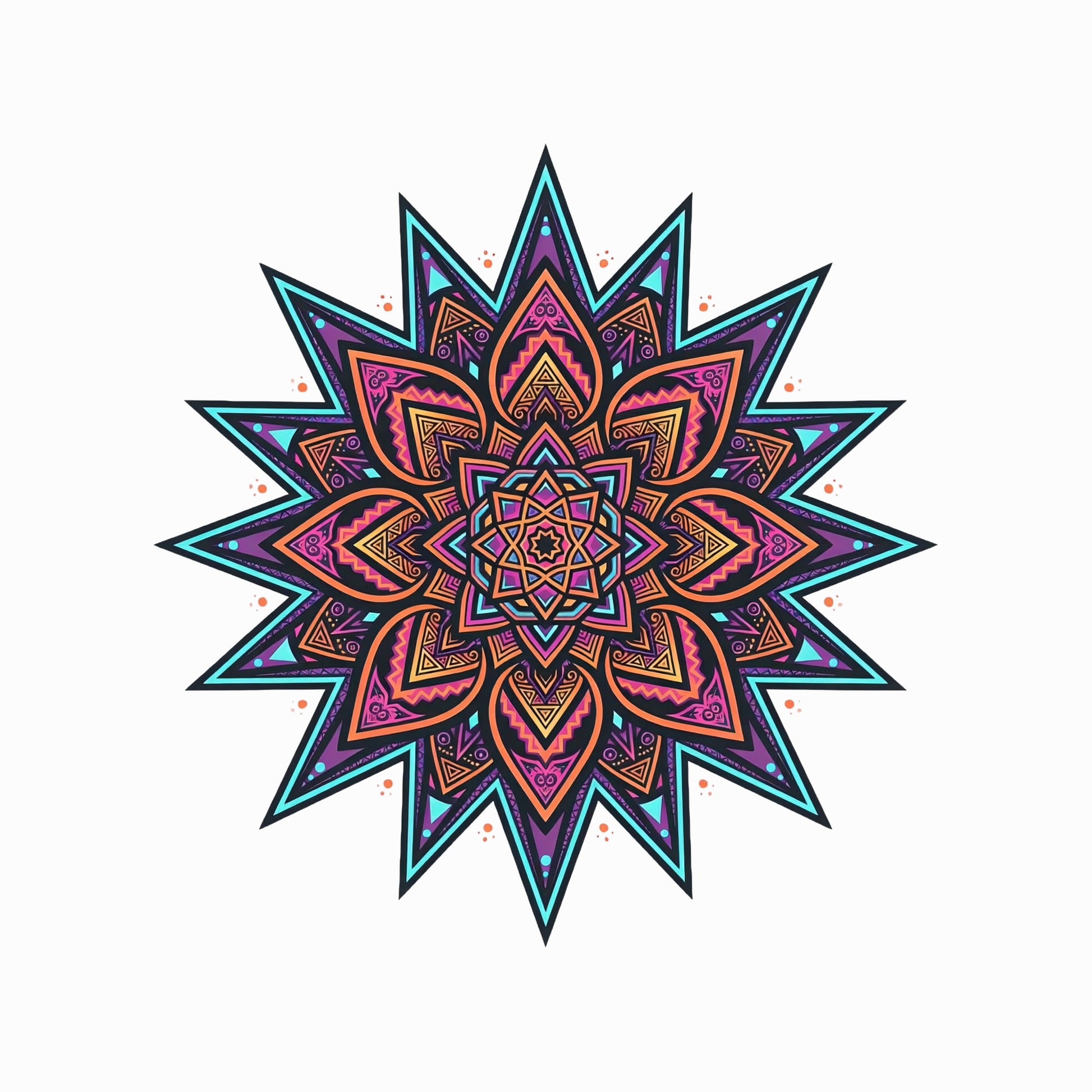 Close-up of the Neon Burst Mandala design on a Solid White Blend tee