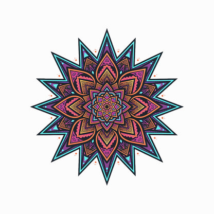 Close-up of the Neon Burst Mandala design on a Solid White Blend tee