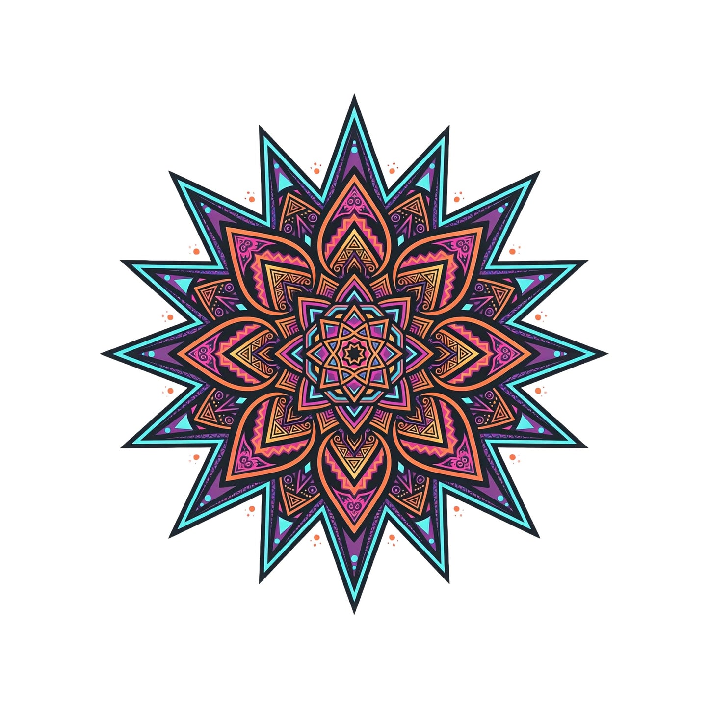 Close-up of the Neon Mandala Star design on a White tee