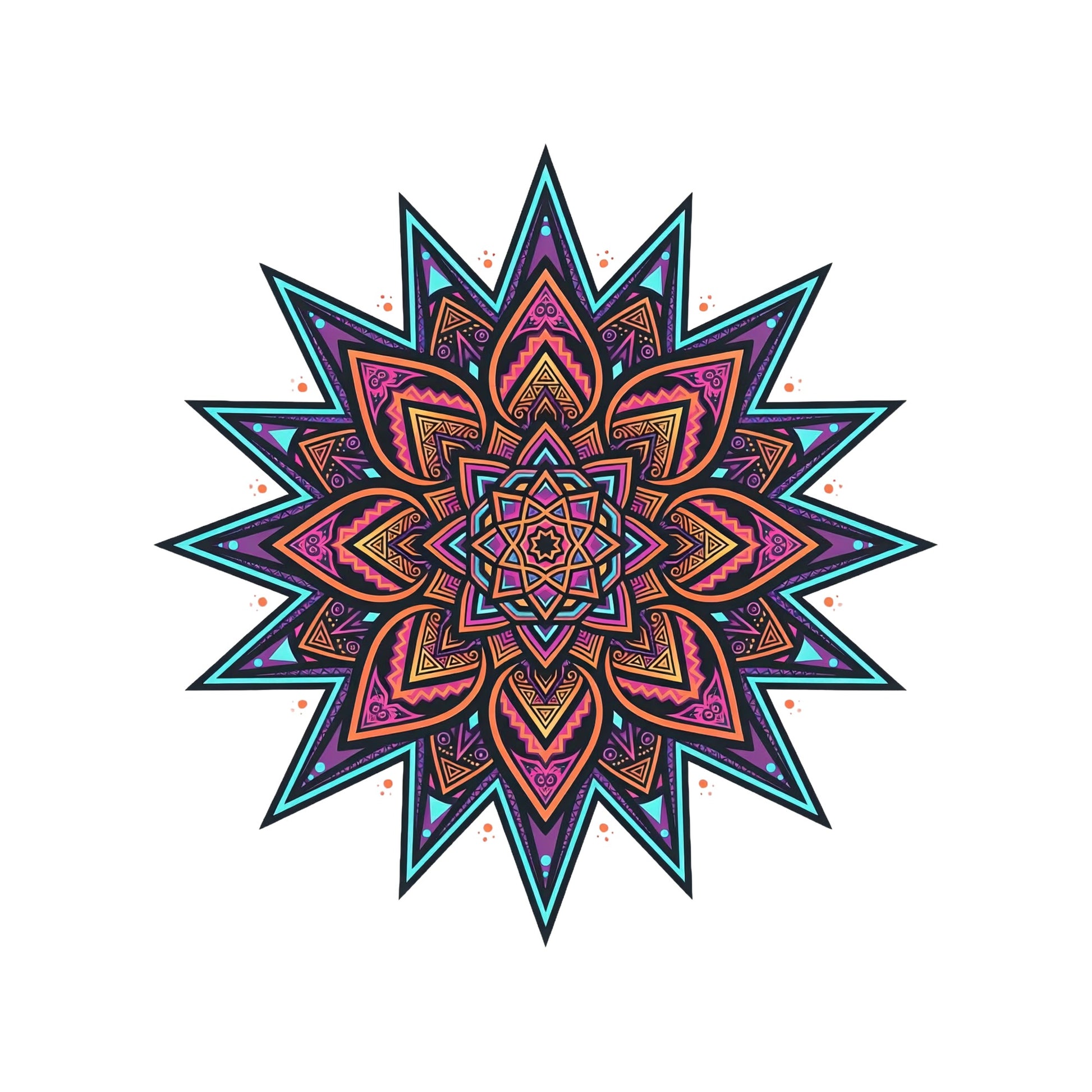 Close-up of the Neon Mandala Star design on a White tee