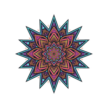Close-up of the Neon Mandala Star design on a White tee