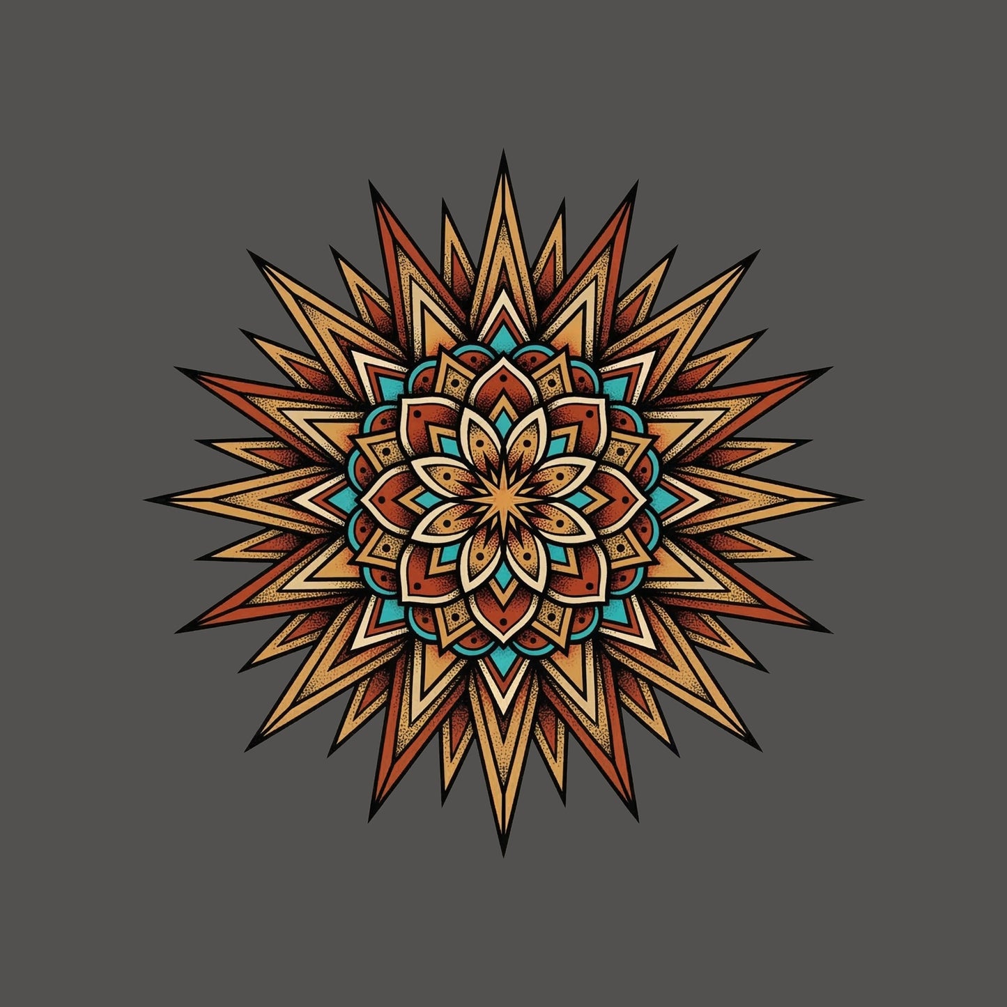 Close-up of the Turquoise Burst Mandala design on an Asphalt tee