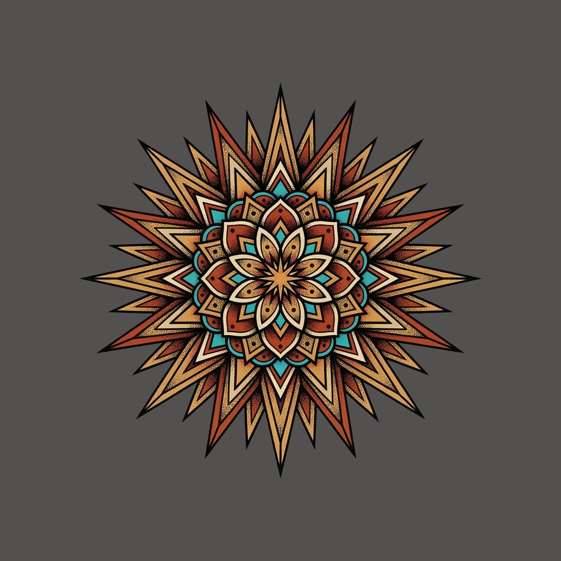 Close-up of the Turquoise Burst Mandala design on an Asphalt tee