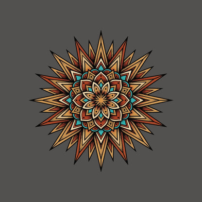 Close-up of the Turquoise Burst Mandala design on an Asphalt tee
