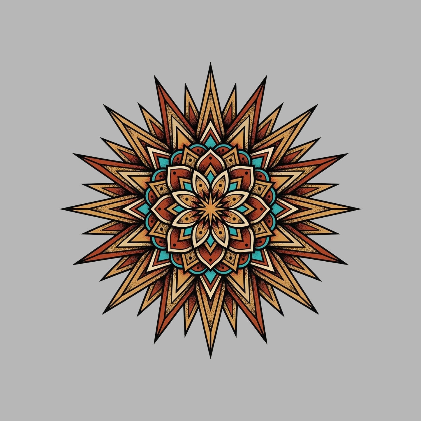 Close-up of the Desert Sun Mandala design on an Athletic Heather tee