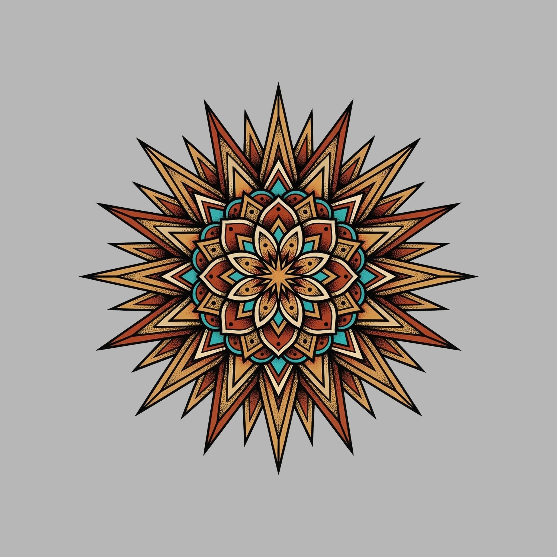 Close-up of the Desert Sun Mandala design on an Athletic Heather tee