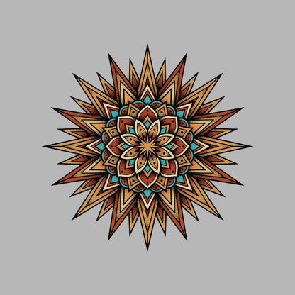Close-up of the Desert Sun Mandala design on an Athletic Heather tee