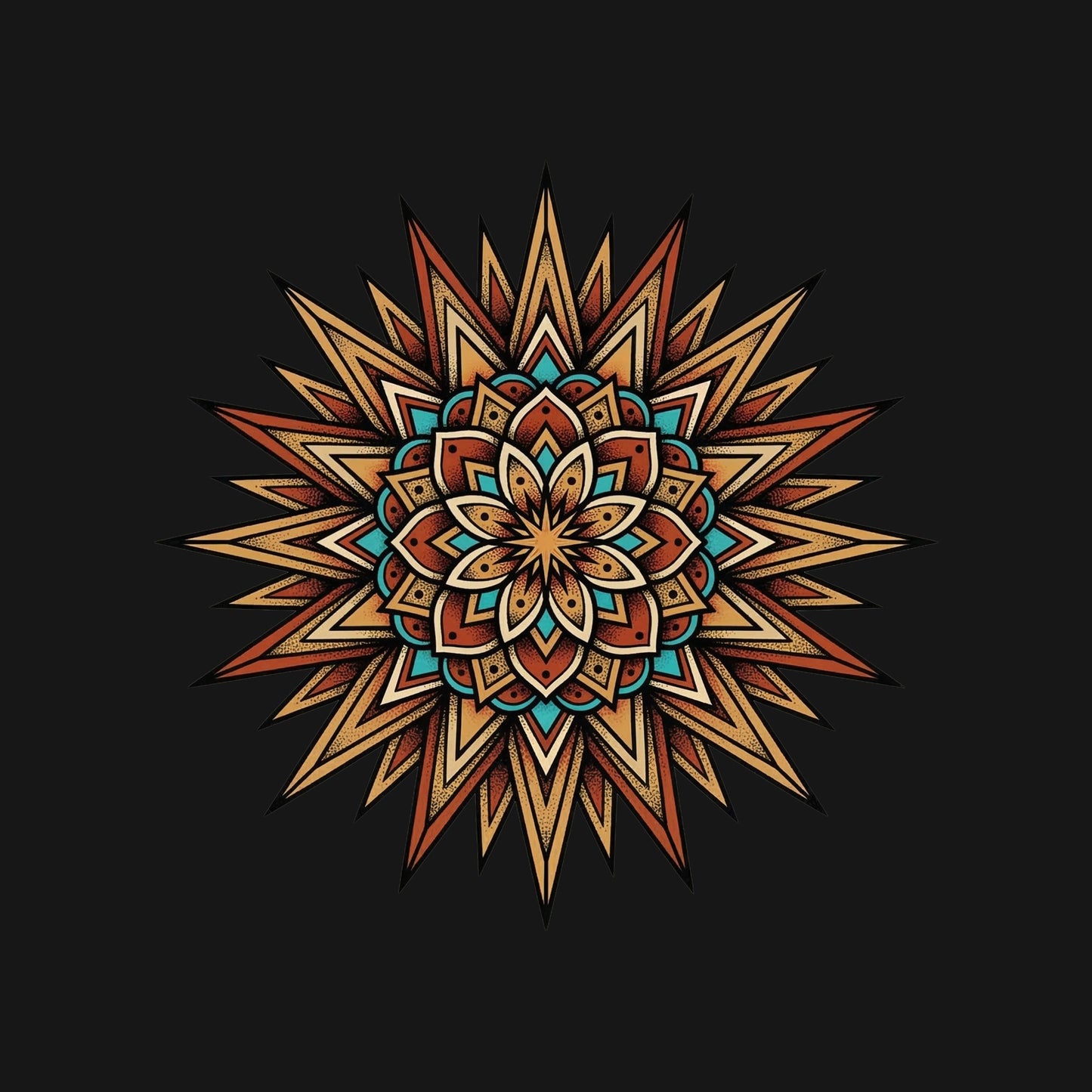 Close-up of the Desert Sun Mandala design on a Black tee