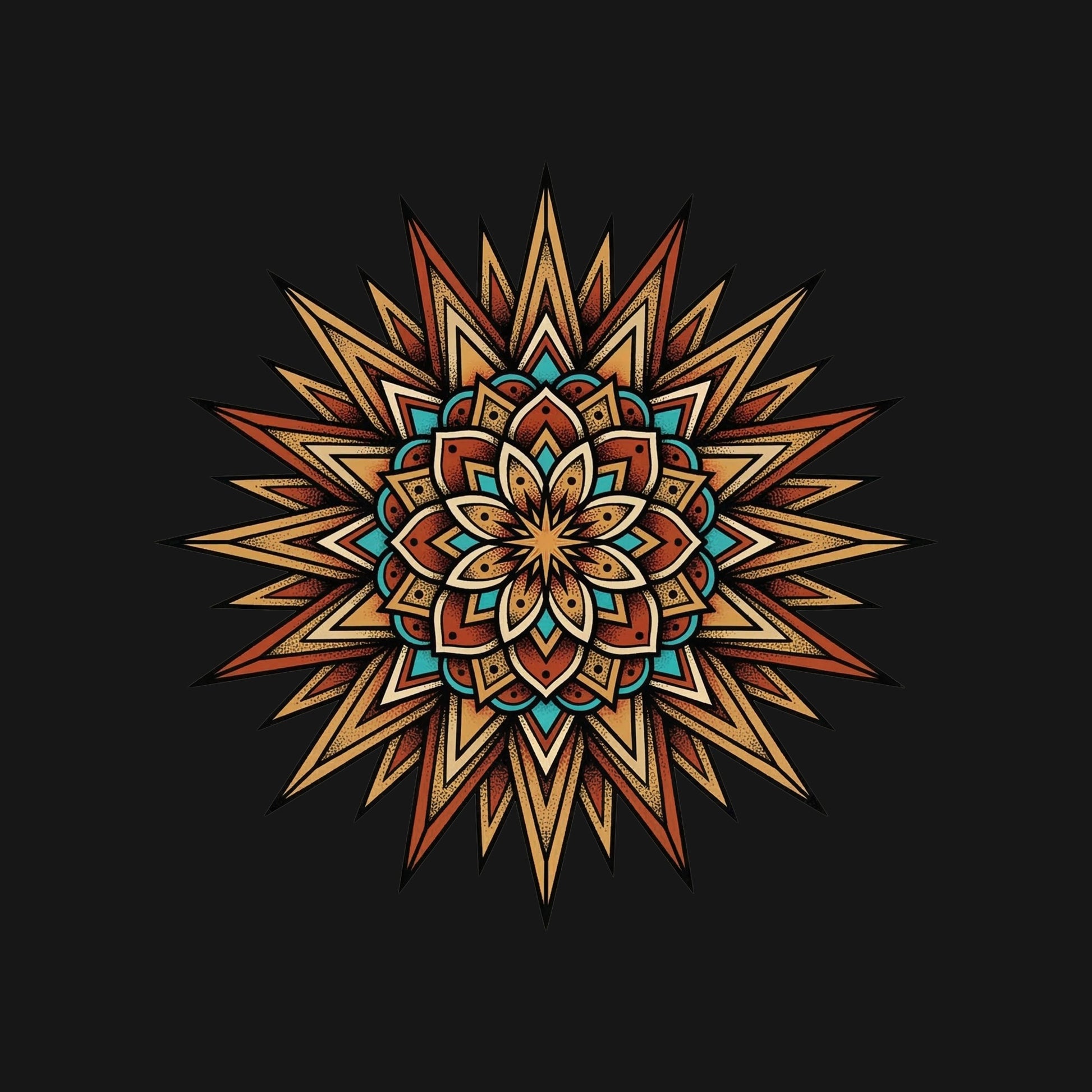 Close-up of the Desert Sun Mandala design on a Black tee