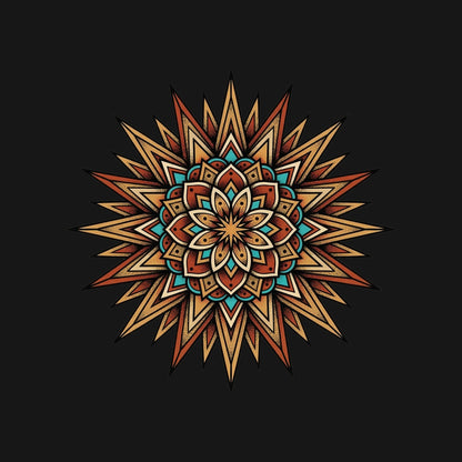 Close-up of the Desert Sun Mandala design on a Black tee