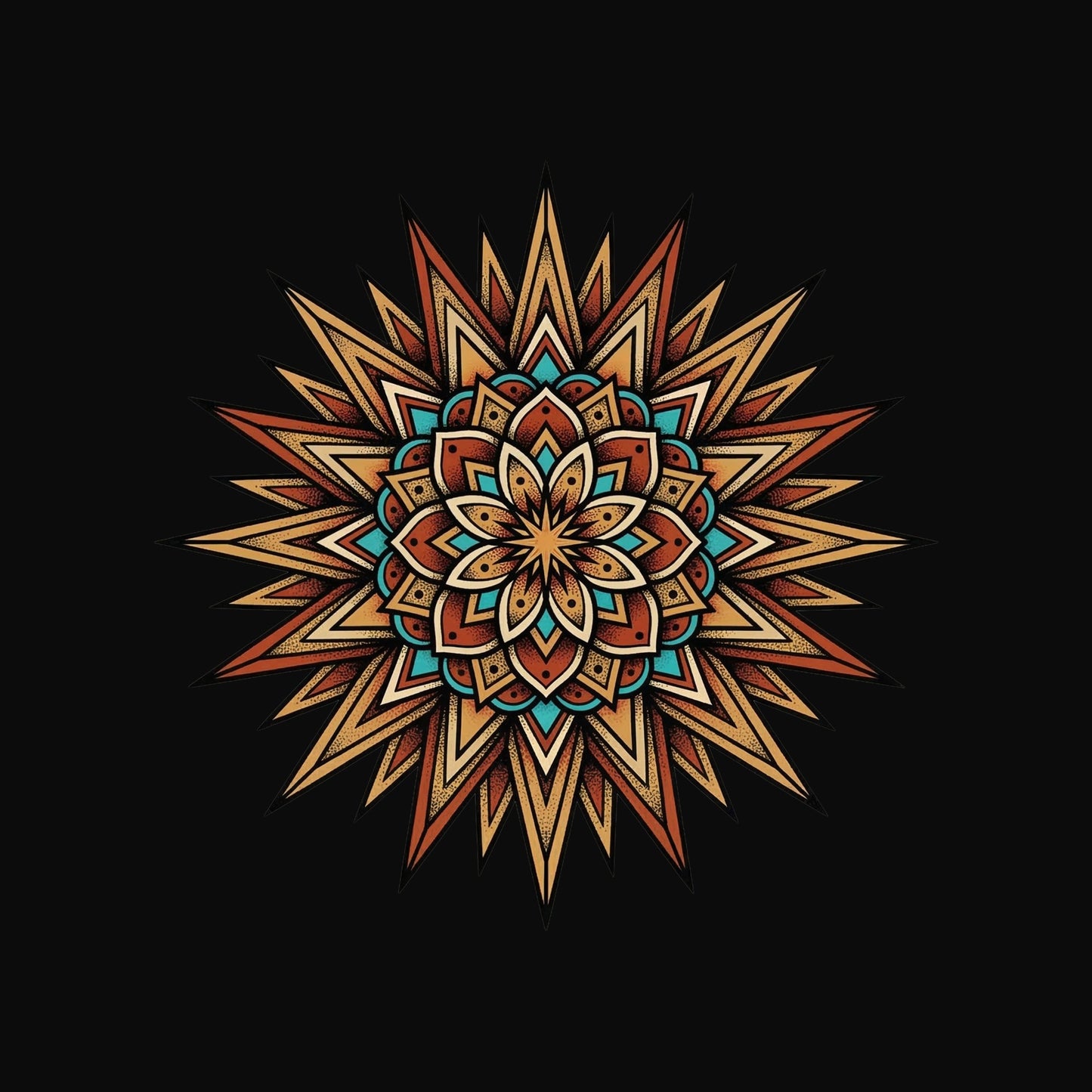 Close-up of the Turquoise Burst Mandala design on a Black tee