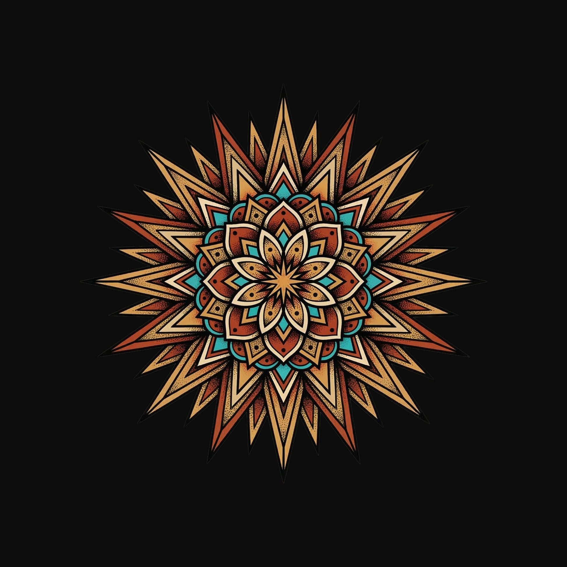 Close-up of the Turquoise Burst Mandala design on a Black tee