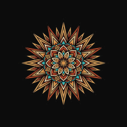 Close-up of the Turquoise Burst Mandala design on a Black tee