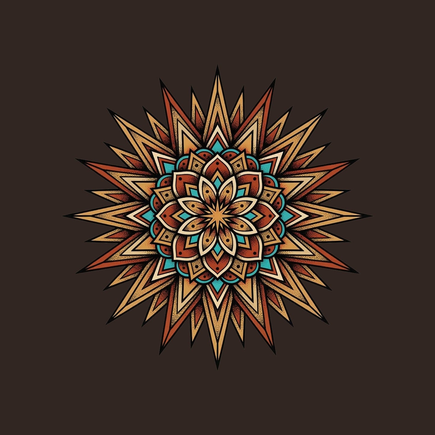 Close-up of the Turquoise Burst Mandala design on a Brown tee