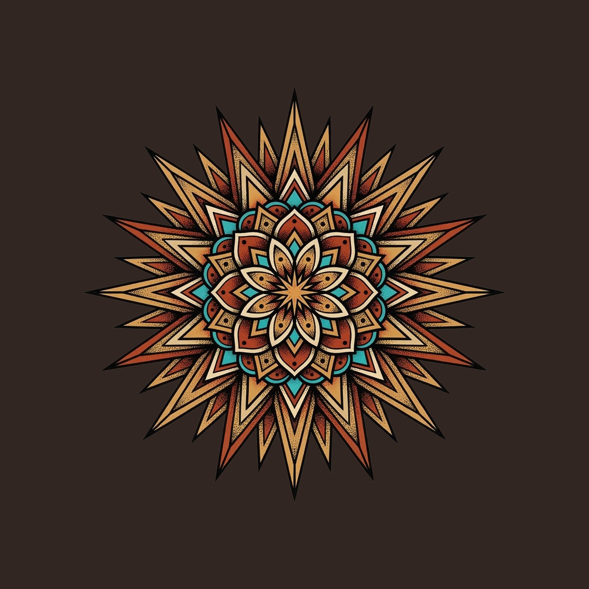 Close-up of the Turquoise Burst Mandala design on a Brown tee