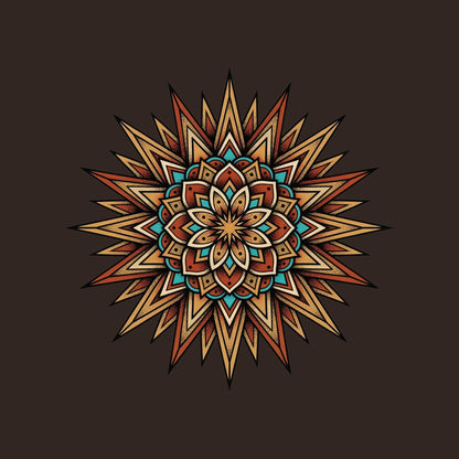 Close-up of the Turquoise Burst Mandala design on a Brown tee
