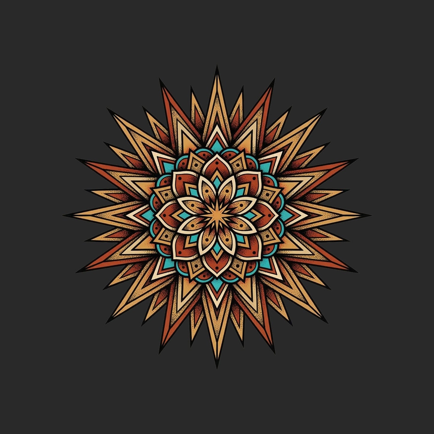 Close-up of the Turquoise Burst Mandala design on a Dark Grey tee