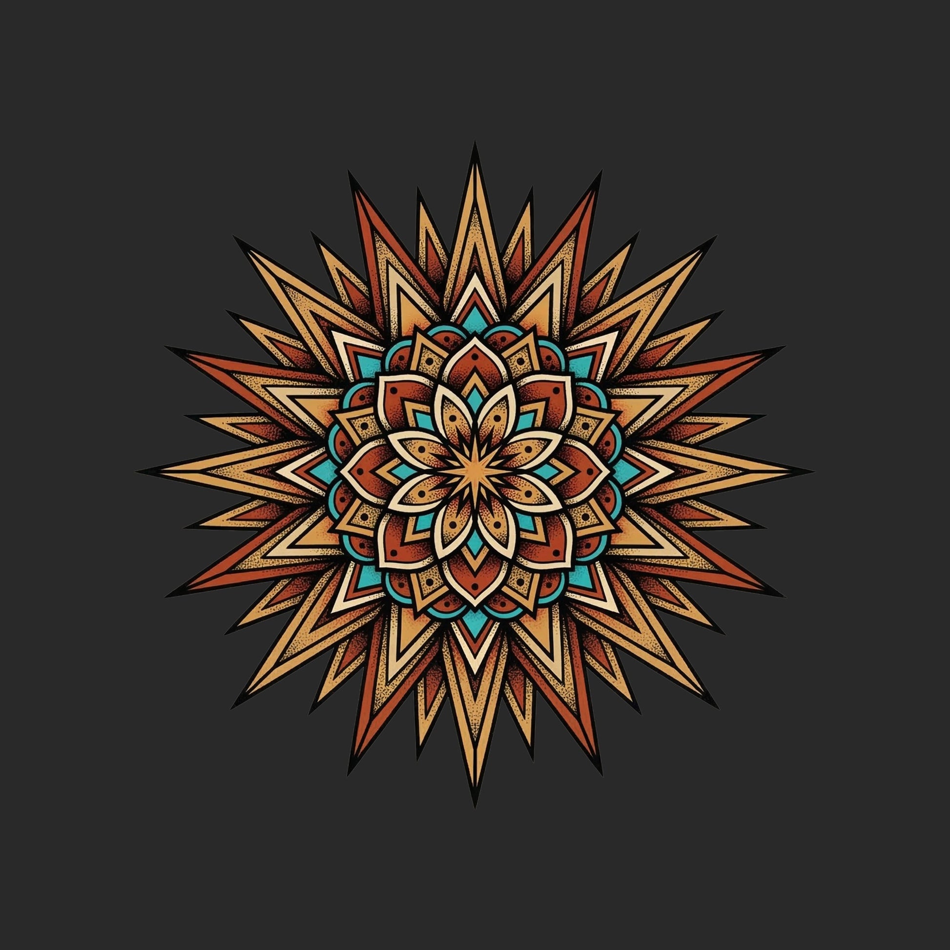 Close-up of the Turquoise Burst Mandala design on a Dark Grey tee