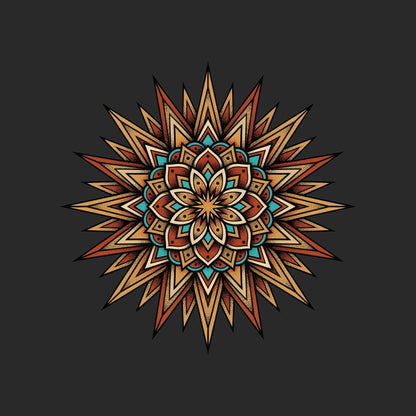 Close-up of the Turquoise Burst Mandala design on a Dark Grey tee