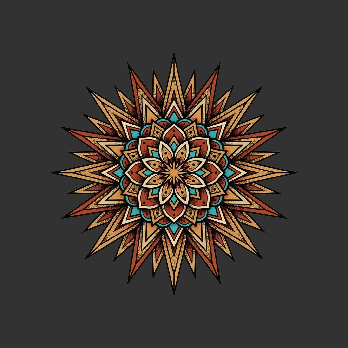 Close-up of the Desert Sun Mandala design on a Dark Grey Heather tee