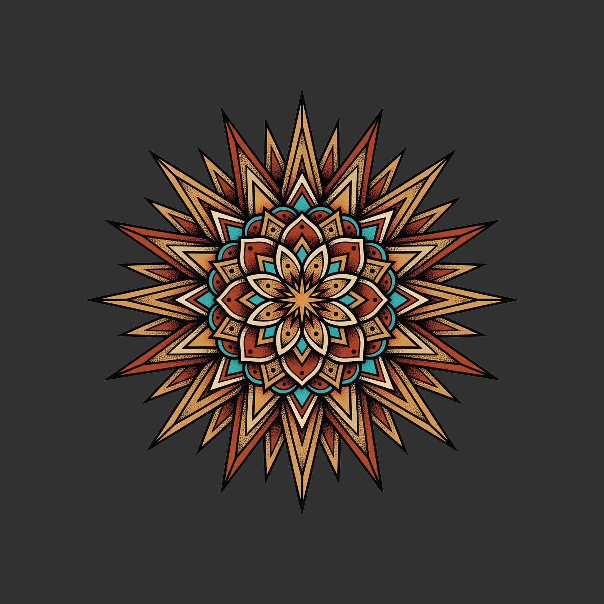 Close-up of the Desert Sun Mandala design on a Dark Grey Heather tee