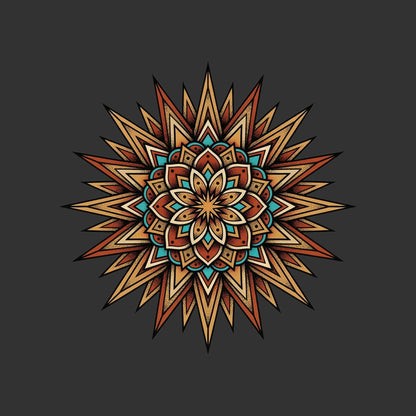 Close-up of the Desert Sun Mandala design on a Dark Grey Heather tee