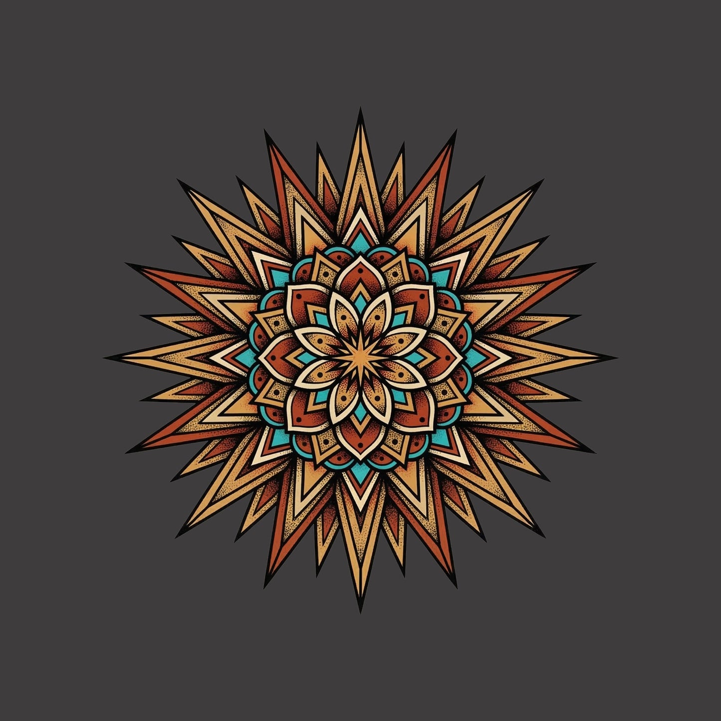 Close-up of the Turquoise Burst Mandala design on a Dark Grey Heather tee