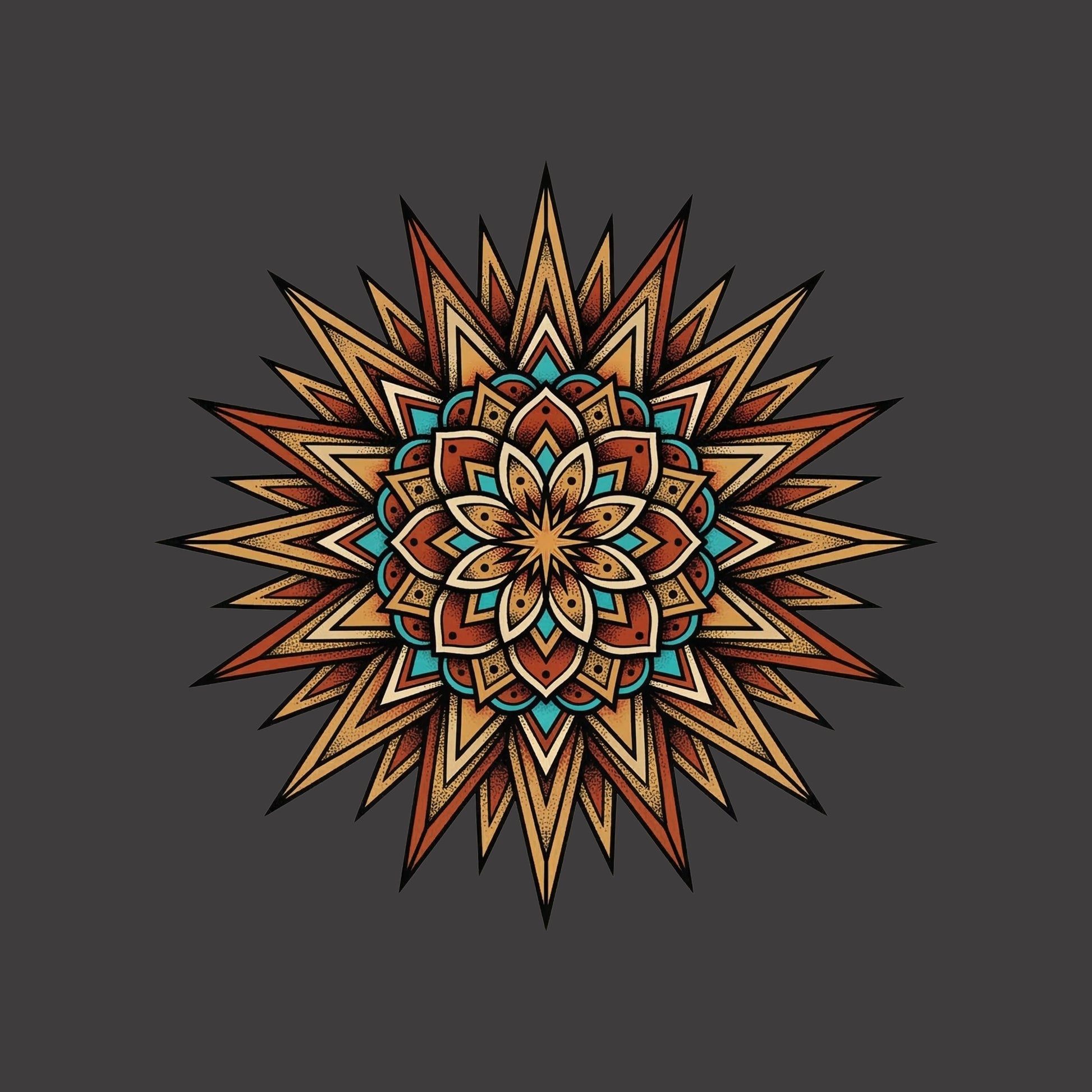 Close-up of the Turquoise Burst Mandala design on a Dark Grey Heather tee