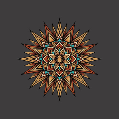 Close-up of the Turquoise Burst Mandala design on a Dark Grey Heather tee