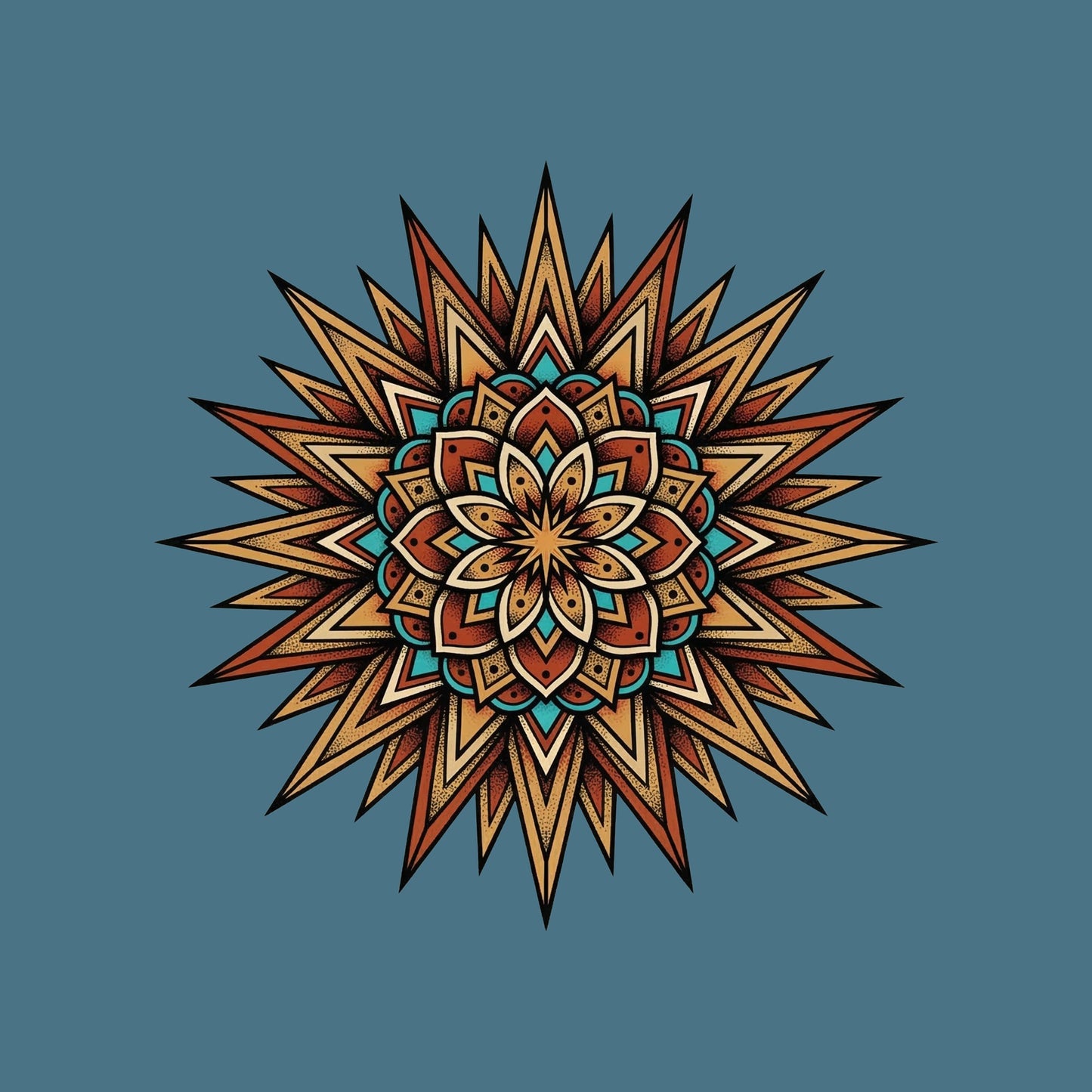 Close-up of the Desert Sun Mandala design on a Heather Deep Teal tee