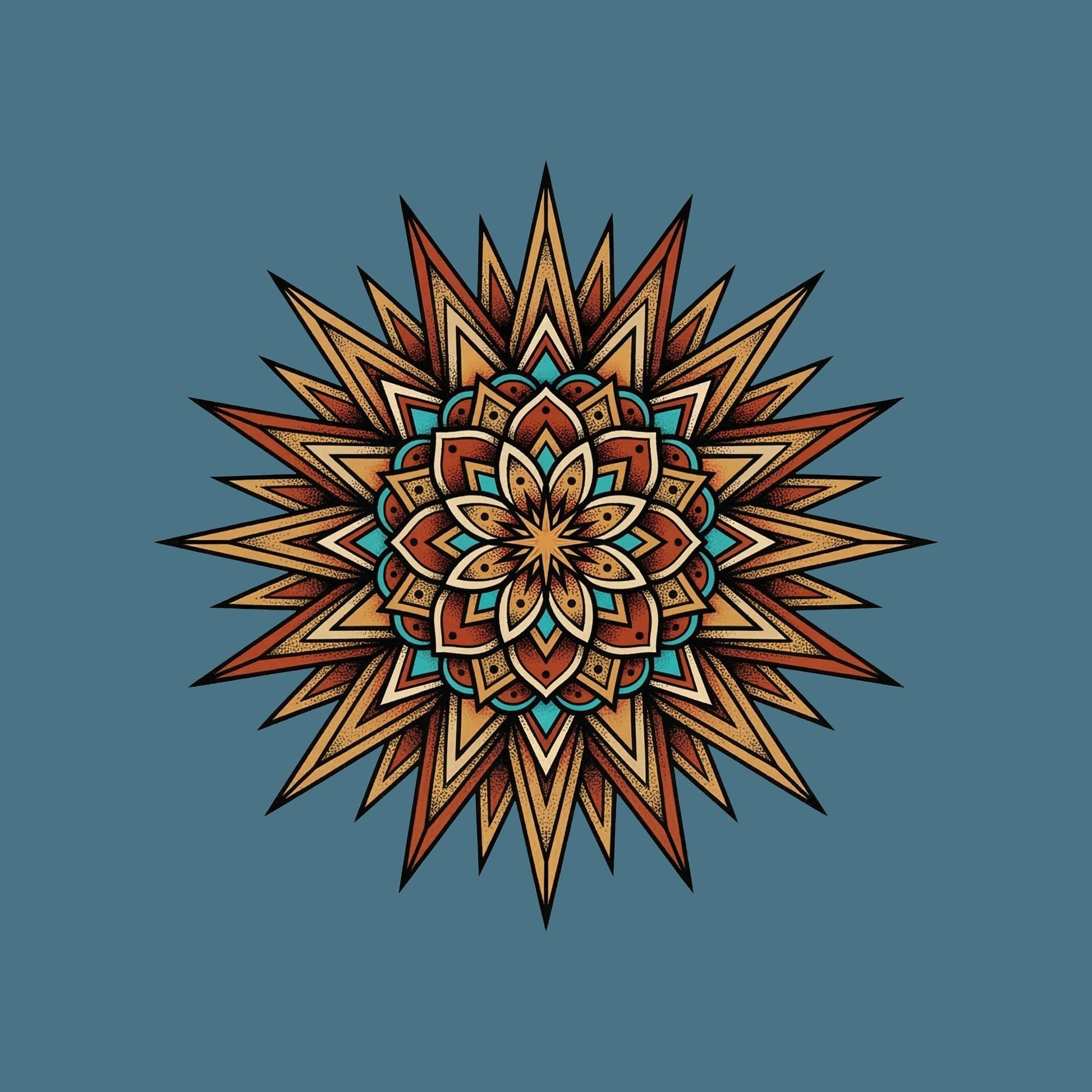 Close-up of the Desert Sun Mandala design on a Heather Deep Teal tee
