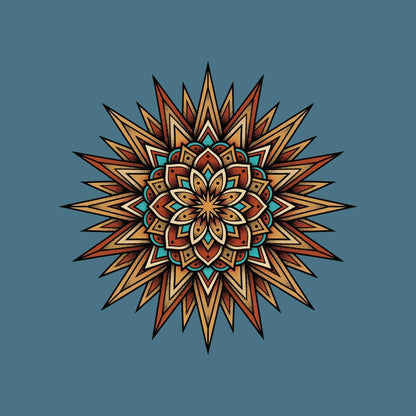 Close-up of the Desert Sun Mandala design on a Heather Deep Teal tee