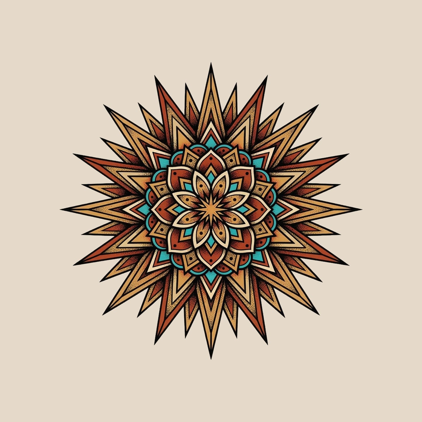 Close-up of the Turquoise Burst Mandala design on a Heather Dust tee
