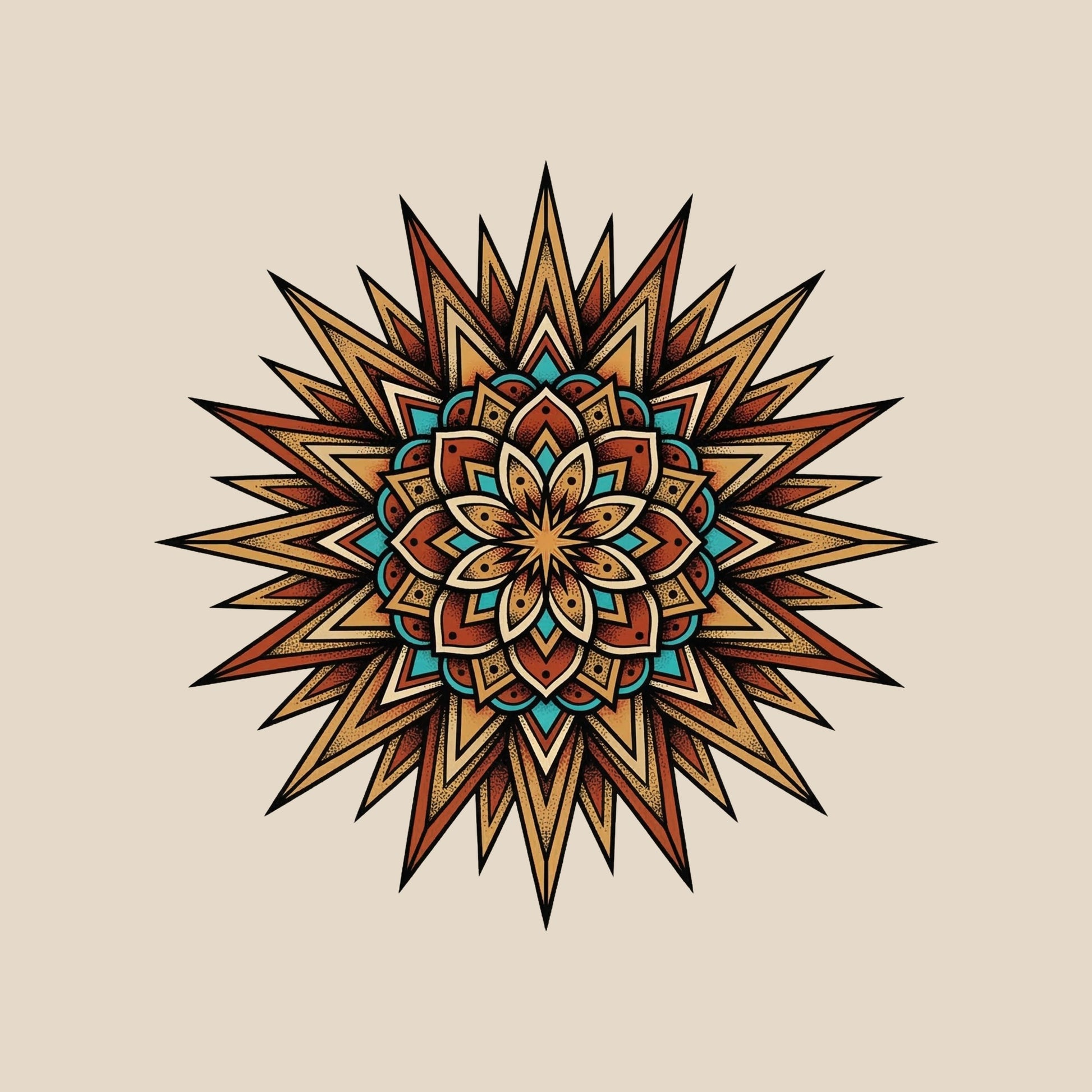 Close-up of the Turquoise Burst Mandala design on a Heather Dust tee