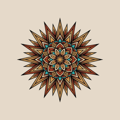 Close-up of the Turquoise Burst Mandala design on a Heather Dust tee